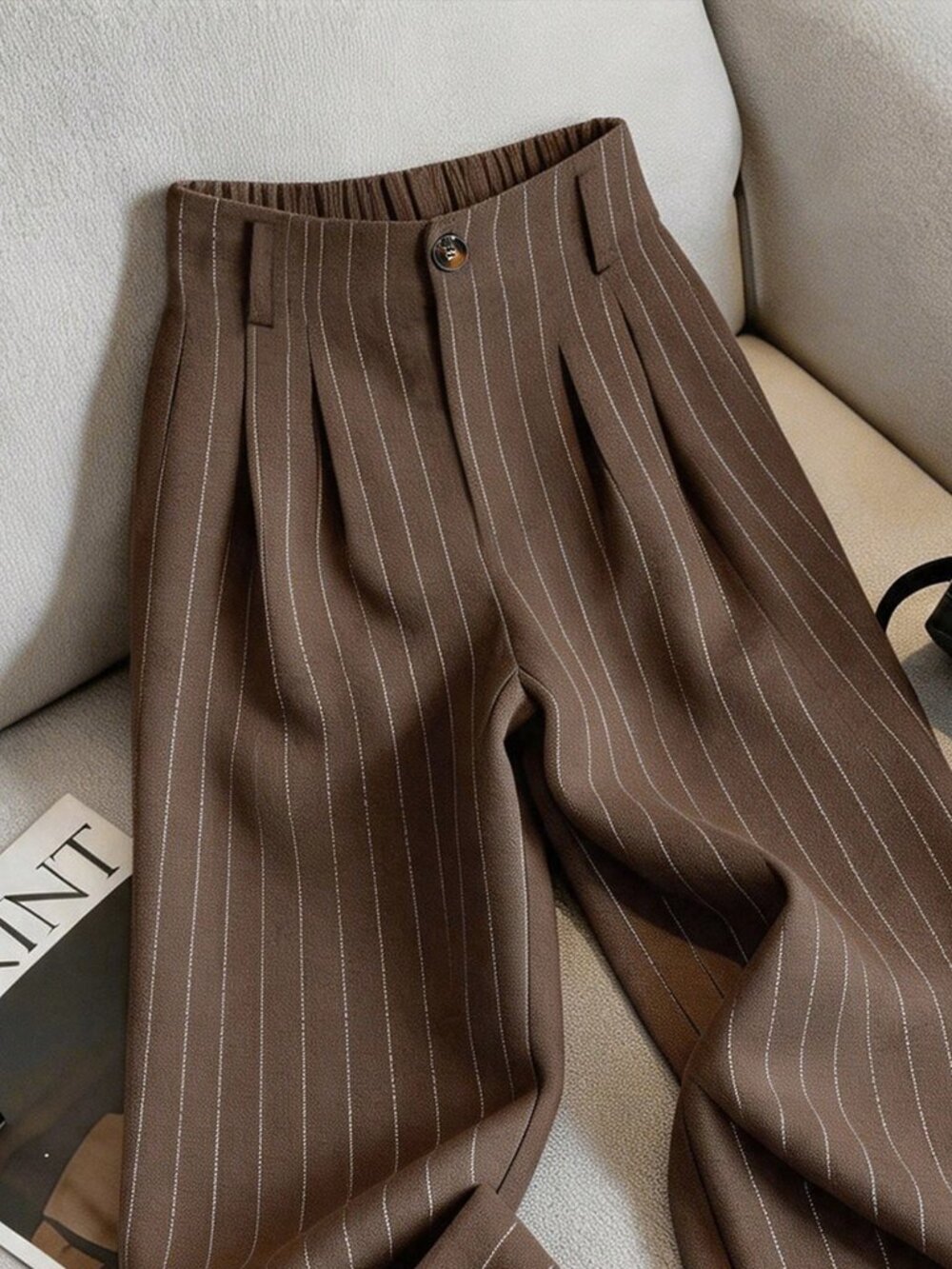 Brown Casual Women's Linen Striped Pants - Picture 4 of 4